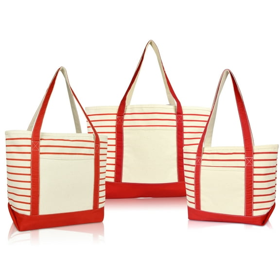DALIX Stripe Tote Shoulder Bag Deluxe Cotton Canvas Set of 3 in Red