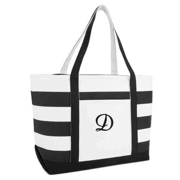 DALIX Striped Beach Bag Tote Bags Handbag Personalized Black Ballent Letter D