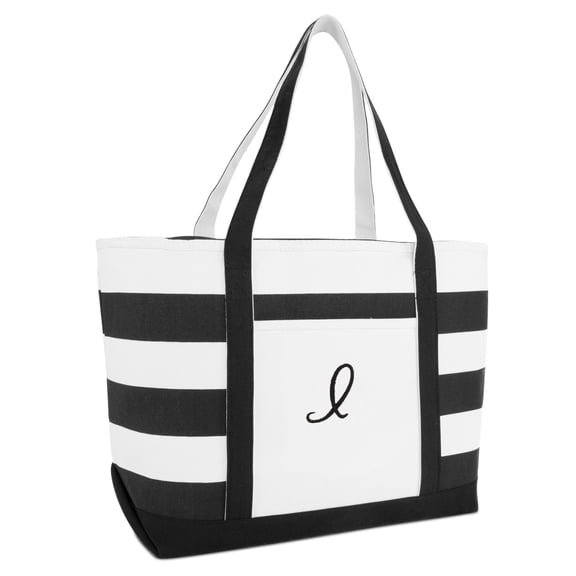 DALIX Striped Beach Bag Tote Bags Handbag Personalized Black Ballent Letter I