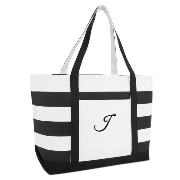 DALIX Striped Beach Bag Tote Bags Handbag Personalized Black Ballent Letter J