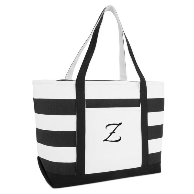 DALIX Striped Beach Tote Bag - Personalized Embroidered Letter A-Z, 100% Cotton Canvas, 23x14x7 Inches, Black With Front Pocket