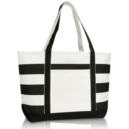 DALIX Striped Boat Bag Premium Cotton Canvas Tote in Black