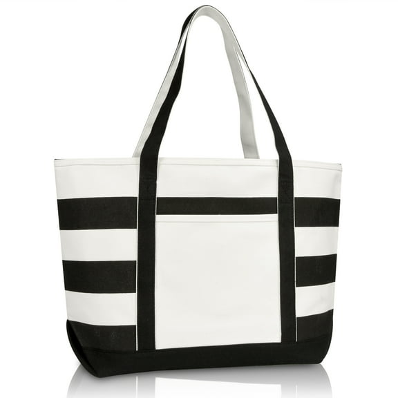 DALIX Striped Boat Bag Premium Cotton Canvas Tote in Black