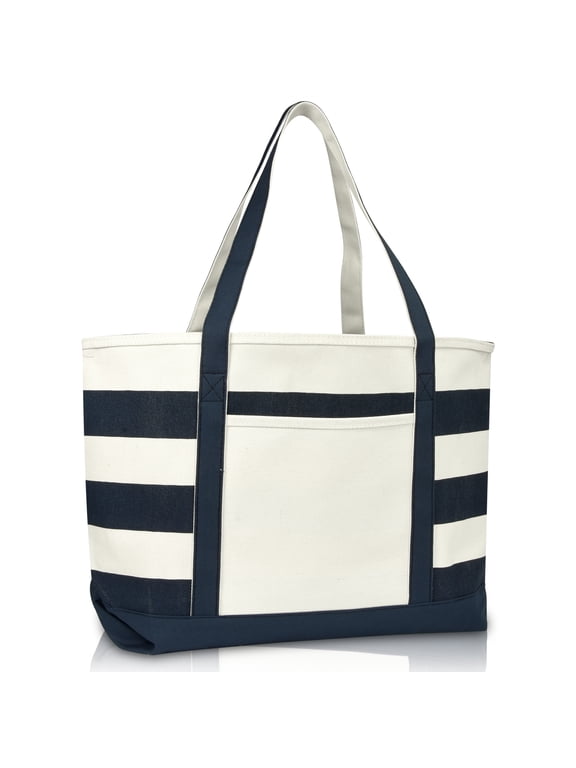 Striped Boat Bag Premium Cotton Canvas Tote in Navy Blue