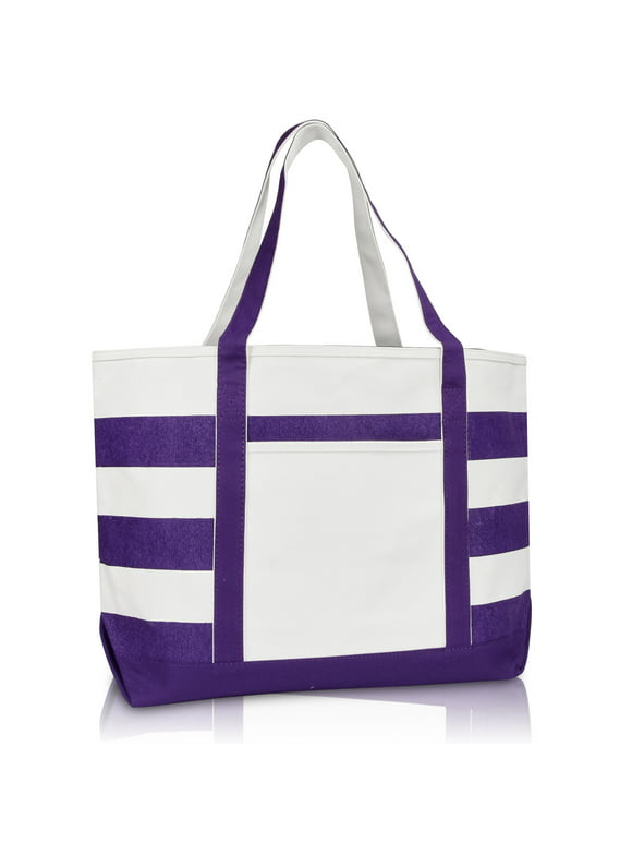 DALIX Striped Boat Bag Premium Cotton Canvas Tote in Purple
