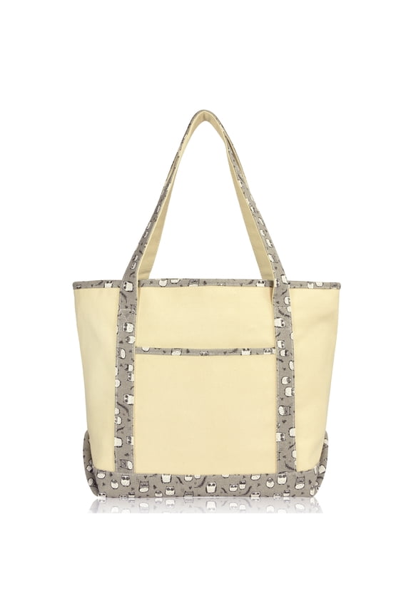 Women's 20" Large Gray Owl Tote Shoulder Handbag Natural Cotton Canvas