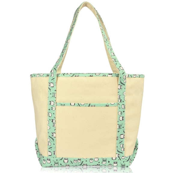 DALIX Women's 20" Large Teal Owl Tote Shoulder Handbag Natural Cotton Canvas