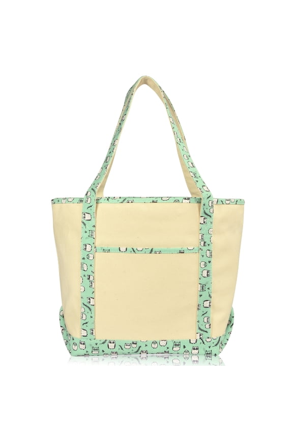 Women's 20" Large Teal Owl Tote Shoulder Handbag Natural Cotton Canvas
