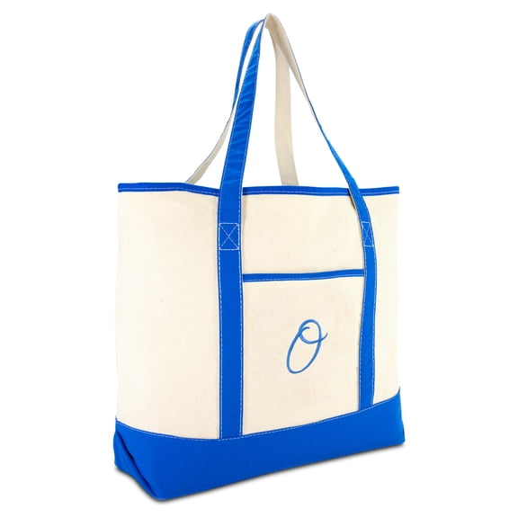 DALIX Women's Canvas Tote Bag Satchel Shoulder Bags Royal Blue Monogram O