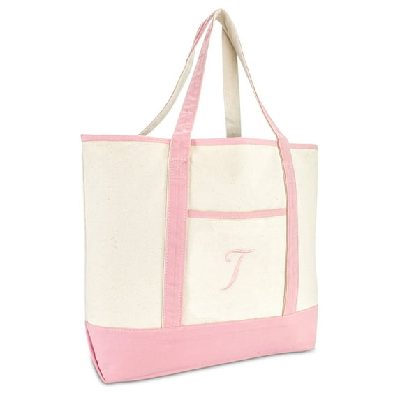 DALIX Women's Cotton Canvas Tote Bag Large Shoulder Bags Pink Monogram T