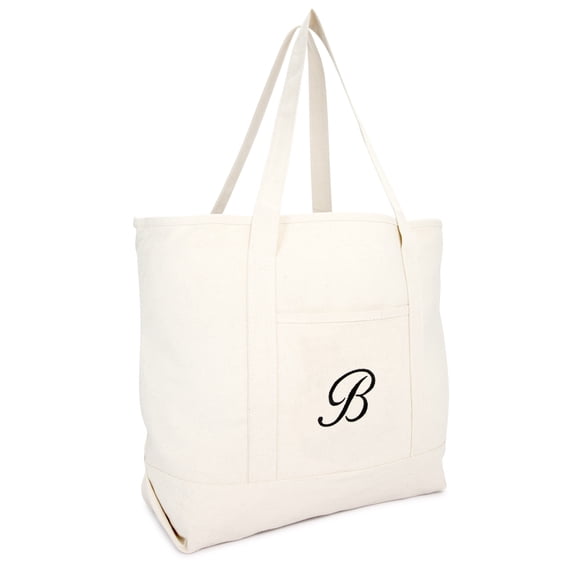 DALIX Women's Monogram Personalized Shopping Tote Bag Zippered Natural Ballent Letter B