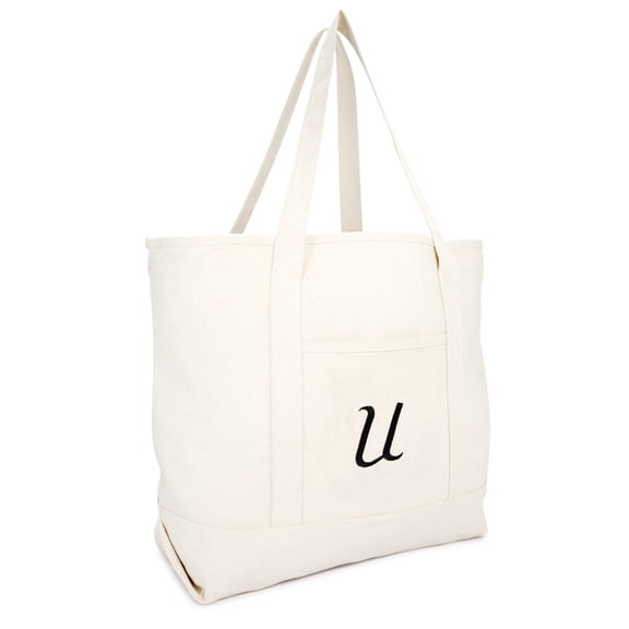 DALIX Women's Monogram Personalized Shopping Tote Bag Zippered Natural Ballent Letter U