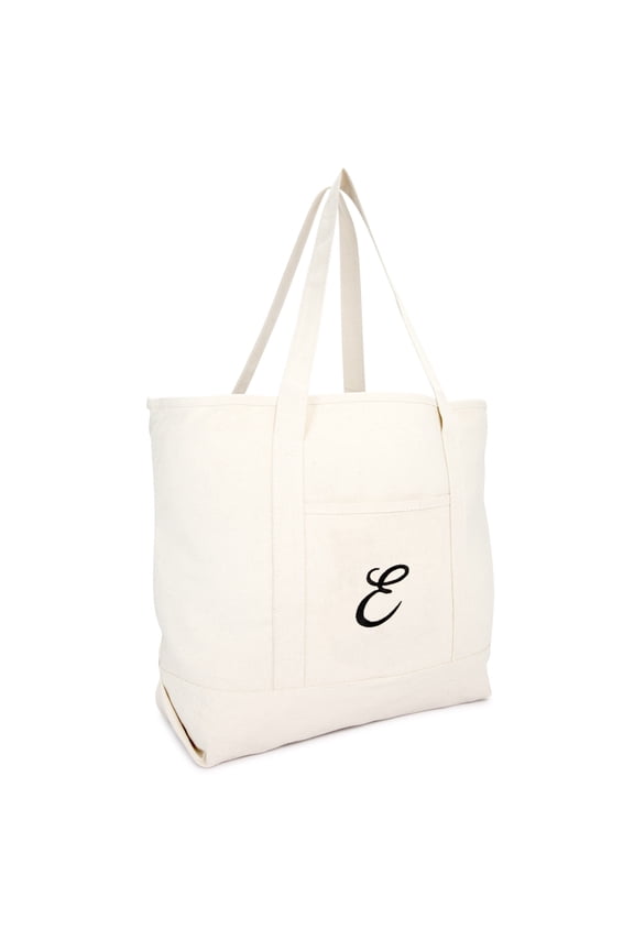 Women's Monogram Personalized Shopping Tote Hand Bag Zippered Natural Ballent Letter E