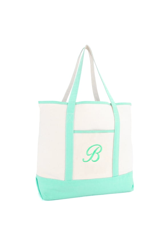 Women's Monogram Tote Bag Personalized Open Top Mint Green Letter B