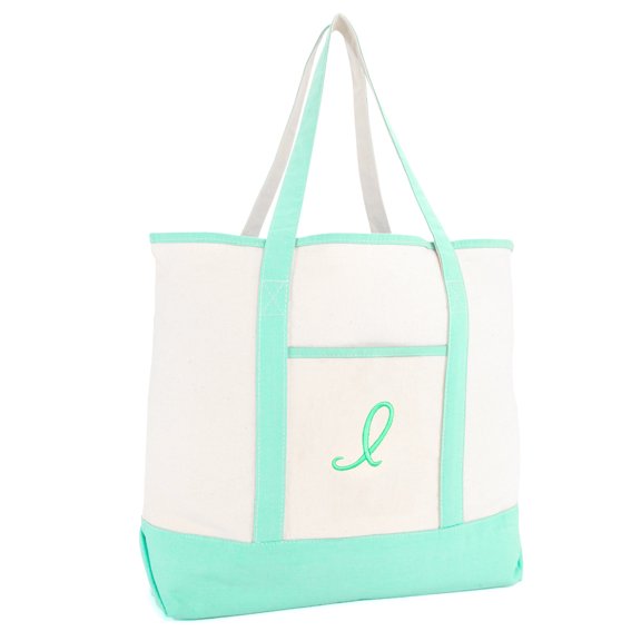 DALIX Women's Monogram Tote Bag Personalized Open Top Mint Green Letter I