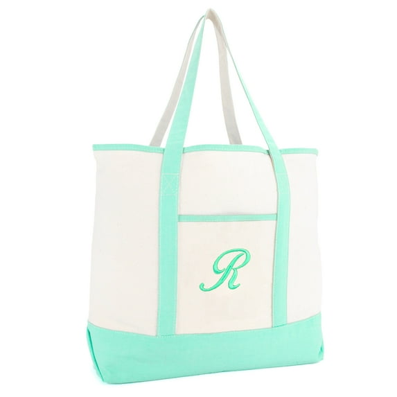 DALIX Women's Monogram Tote Bag Personalized Open Top Mint Green Letter R
