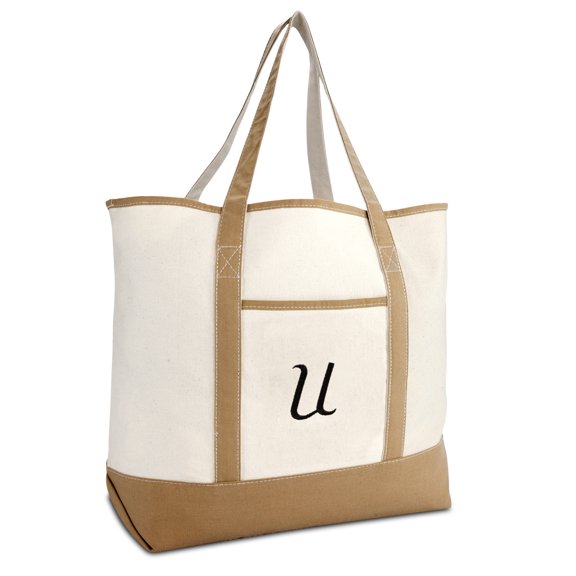 DALIX Women's Natural Tote Bag Shoulder Bags Brown With Monogram Letter U