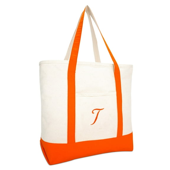 DALIX Women's Personalized Shopping Tote Bag Monogram Orange Ballent Zippered Letter- T