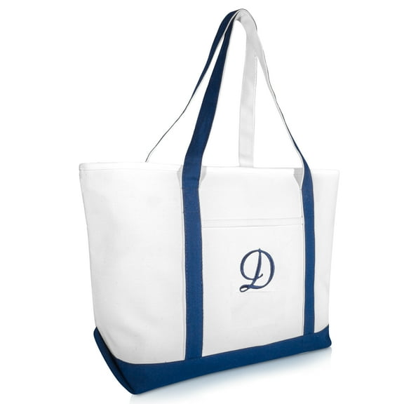 DALIX Women's Quality Canvas Tote Hand Bags Large Beach Bags Navy Blue Monogrammed D
