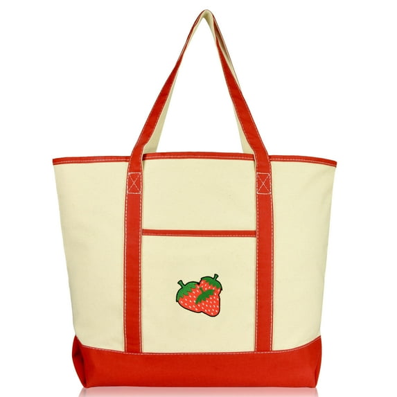DALIX Women's Strawberry Tote Bag Reusable Grocery Natural Canvas Fruits in Red