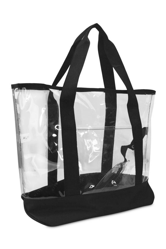 Womens 20" Large Clear Tote Bag with Transparent Small Pouch Black