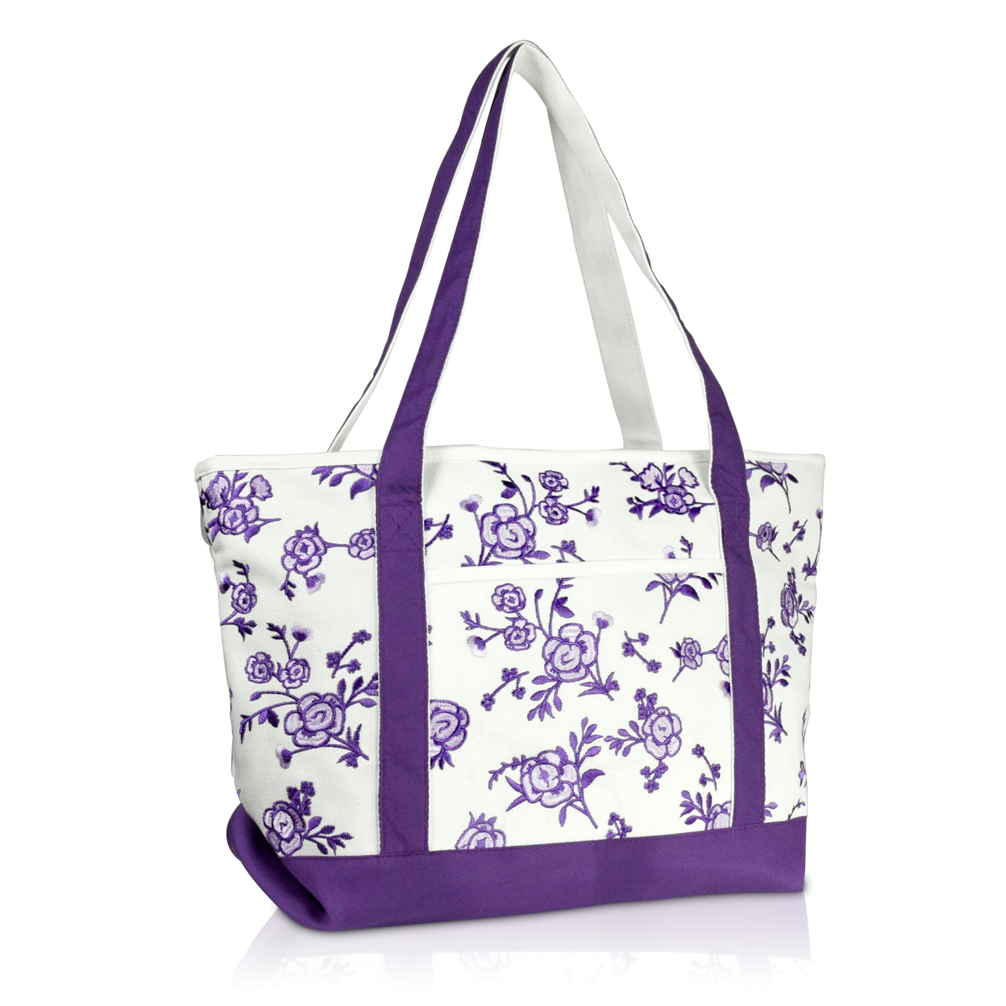 Amethyst Purple Floral Embroidered Cotton Tote Bag