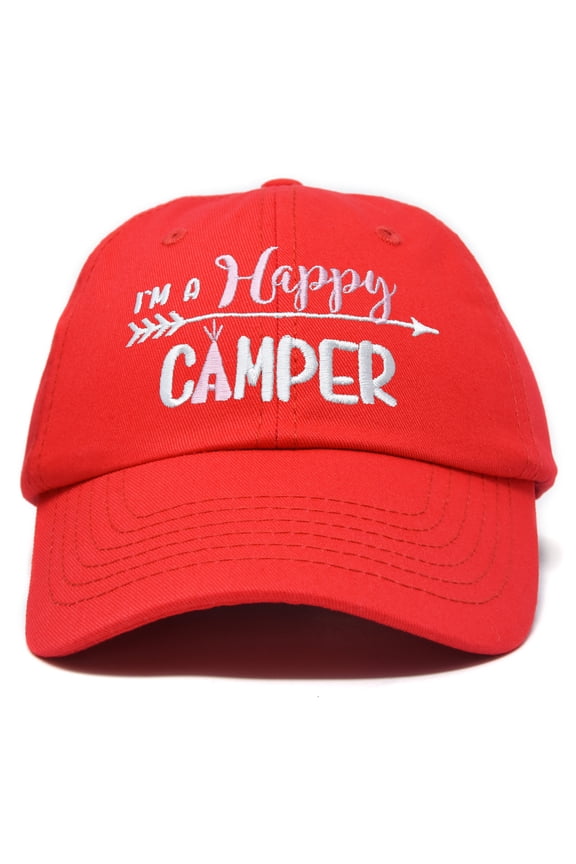 Womens Happy Camper Hat Soft Cotton Camping Caps in Red - Pink