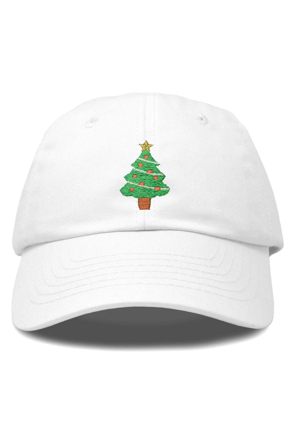 Xmas Holidays Christmas Tree Ball Cap Embroidered Hat in White