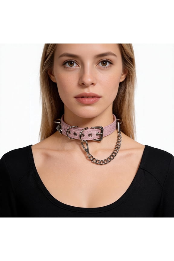 Handmade Double Layer Pink Python Pattern Leather Titanium Steel Silver Tone Chain Necklace
