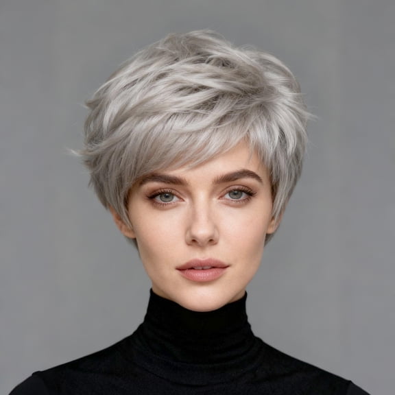 DALUSE WIG 6 Inch Silver Gray Short Straight Layered Bangs Wig. Stylish Voluminous High Density Wig.Made From Heat Resistant Synthetic Fibers. Daily Wear Parties Costume Festivals Cosplay Gifting.