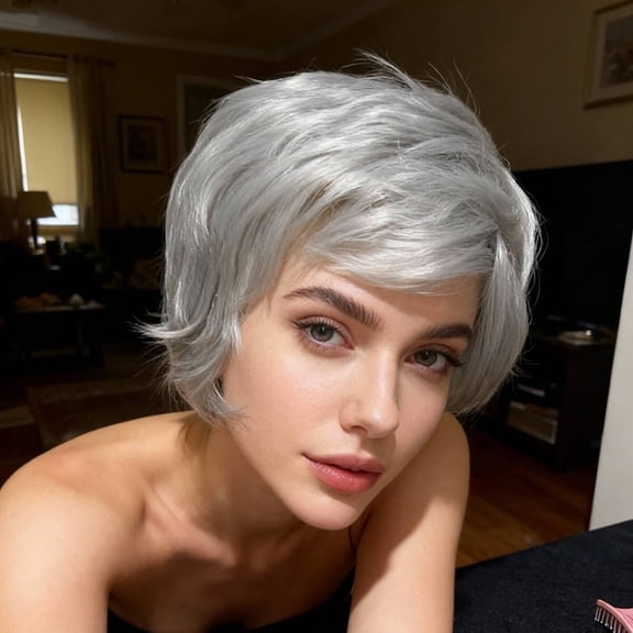 DALUSE WIG 6 Inch Straight Silver Gray Layered Short Bangs Wig.Stylish Voluminous High Density Wig.Made From Heat Resistant Synthetic Fibers. Daily Wear Parties Costume Festivals Cosplay Gifting.