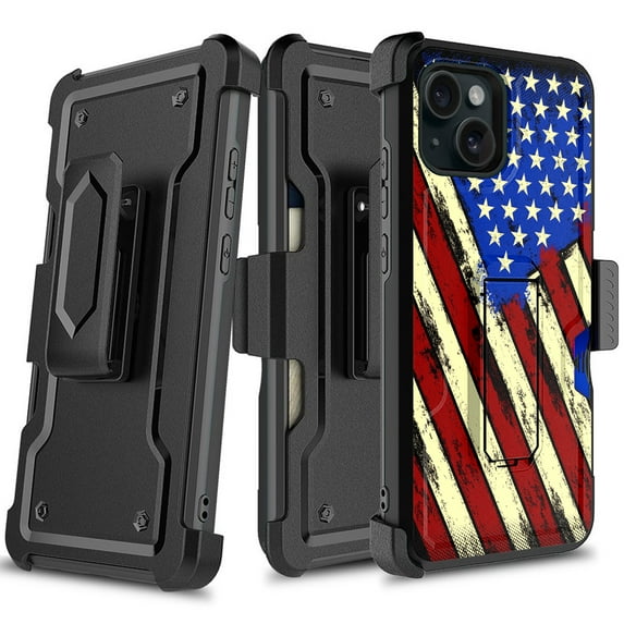 DALUX Card Holster Kickstand Holster Hybrid Phone Case Cover Compatible with Iphone 15 Plus - 6.7 inch (2023) - Graffiti US Flag Print