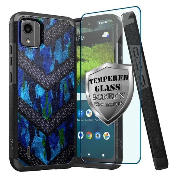 DALUX MetKase Hybrid Slim Phone Case WITH SCREEN PROTECTOR Compatible with Nokia C110 4G LTE (2023) - Blue Camo Badge