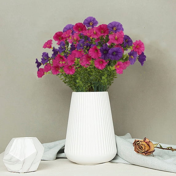 DAMAI 10 Bundles Artificial Faux Flowers for Outdoor Purple Magenta Silk Morning Glory Faux Eucalyptus UV Resistant Fake Flowers for Outdoor Planter Front Porch Patio Yard Garden Home Decor
