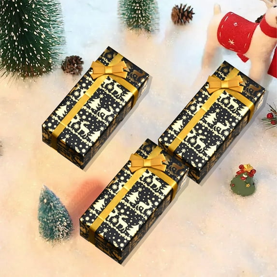 DAMAI 10 Pcs Christmas Wrapping Paper Roll Black Gold Reindeer and Tree Design Xmas Gift Wrap Reversible Vintage Christmas Wrapping Paper for Winter Holiday Party Celebration