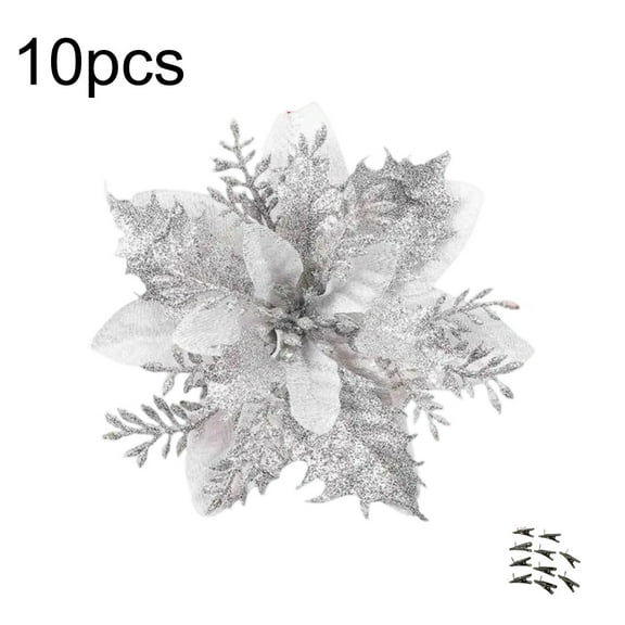 DAMAI 10 Pcs Glitter Poinsettia 5.5" Artificial Flowers Christmas with Clips Stems Xmas Tree Ornaments for Xmas New Year Wedding Party Ornaments (Silver)