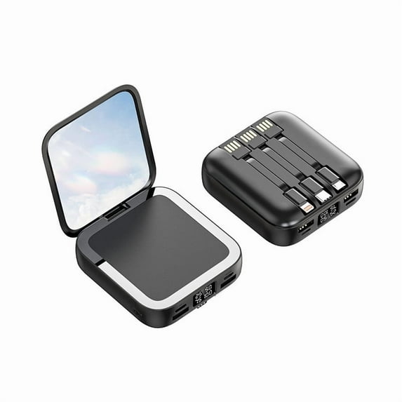 DAMAI 10000mAh Mini Power Bank with Mirror, Built-In Cables - Ultra Compact Portable Charger, 2 USB Outputs, Fast Charging for Smartphones & Devices, Lightweight Travel Battery Pack