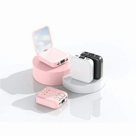 DAMAI 10000mAh Mini Power Bank with Mirror, Built-In Cables - Ultra Compact Portable Charger, 2 USB Outputs, Fast Charging for Smartphones & Devices, Lightweight Travel Battery Pack