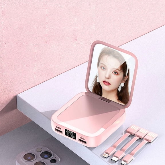 DAMAI 10000mAh Mini Power Bank with Mirror, Built-In Cables - Ultra Compact Portable Charger, 2 USB Outputs, Fast Charging for Smartphones & Devices, Lightweight Travel Battery Pack