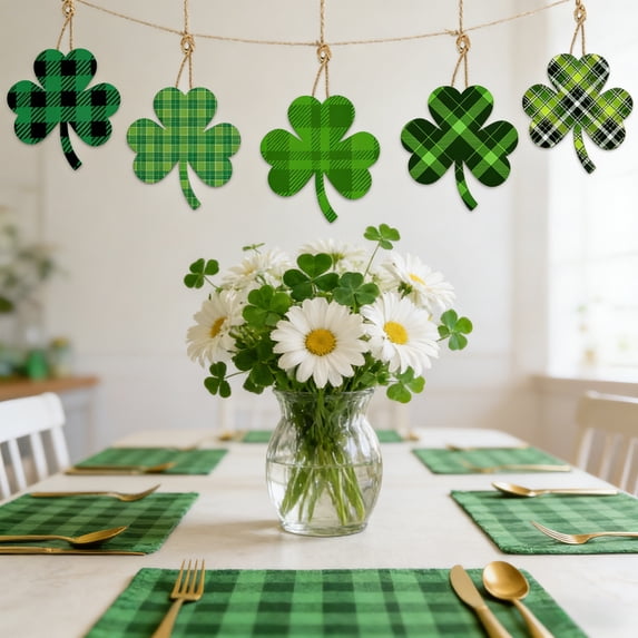 DAMAI 12 Pack Classic Styles of St. Patrick’s Day Hanging Wooden Pendant, Shamrock Wooden Cutouts Hanging Ornament with Rope for St Patrick's Day Tree Table Decor