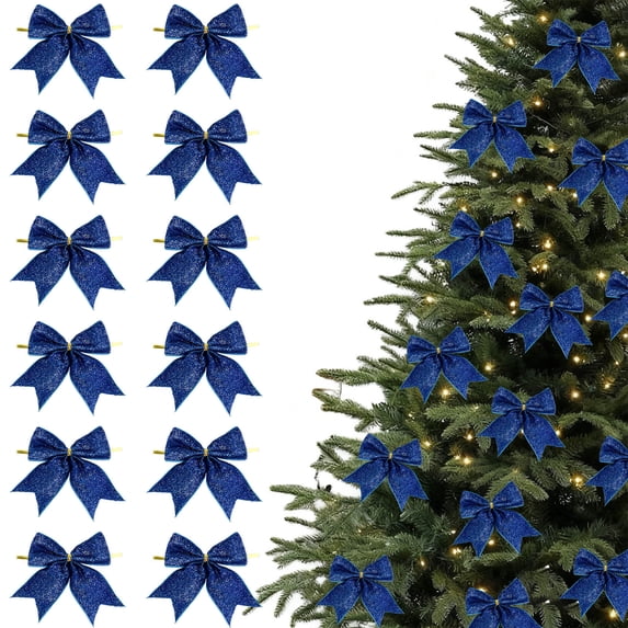 DAMAI 12 Pcs Glittered Bows for Christmas Tree 4 Inch Twist Tie Bows Sparkling Pre-Made Bow Ornaments for Xmas Tree Bow Holiday DIY Crafts Indoor Party Home Decor(Blue)