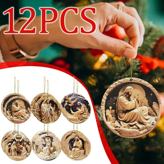 DAMAI 12 Pcs Nativity Scene Ornaments,Christmas Wooden The Birth of Jesus Nativity Christmas Ornament, 3D Ornament The Birth of Jesus Christian Christmas Decorations for Tree Xmas(Nativity)