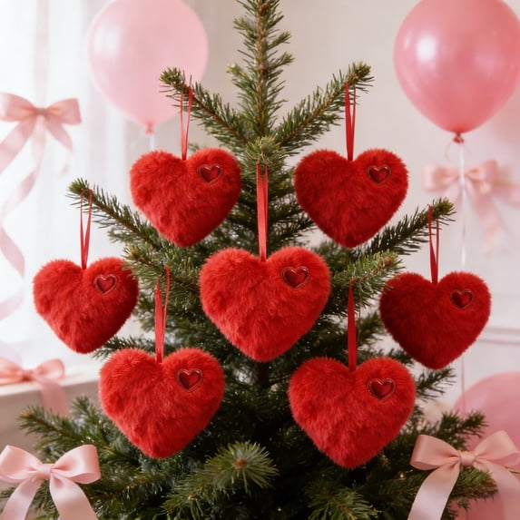 DAMAI 12 Pcs Valentine's Day Plush Heart Ornaments, 4.72 Inch Green Fuzzy Heart Decor with Red Accents, Soft Christmas Tree Hearts for Xmas, Valentine's, Wedding, Party, Home & Outdoor Decoration