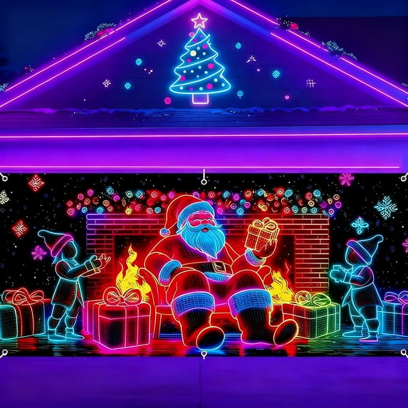 DAMAI 13x5.9 ft UV Activated Christmas Garage Door Cover Banner, Glows in Dark 2D Flat Holiday Garage Door Covers with Cartoon Santa and Elf, Xmas Outdoor Indoor Party Decoration
