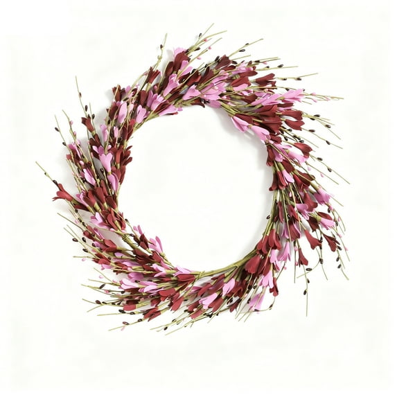 DAMAI 14 Inch Floral Wreath for Valentine‘s Day - Artificial Pink Red Forsythia Wreath Valentines Day Wreaths for Front Door Fake Flowers Spring Floral Wreath Hanging Decorations