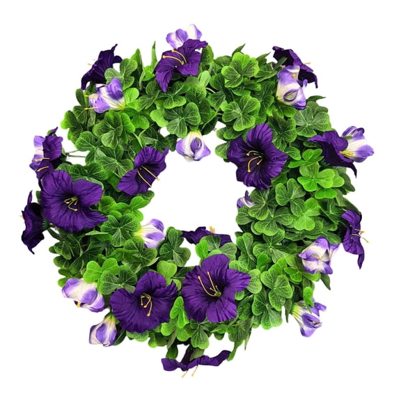 DAMAI 14" St Patricks Day Shamrock Trumpet Flower Wreath, St Patrick Day Artificial Wreath Outdoor Decorations, Lucky Clover Spring Greenery Hanging for Farmhouse Wall Window Indoor Porch Home Decor