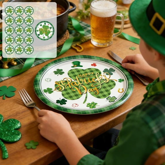 DAMAI 16 Pcs St. Patrick's Day Themed Party Tableware Set - 16-Piece Disposable Trefoil Pattern Plates, Cups & Napkins in Festive Green for Holiday Celebrations & Decor