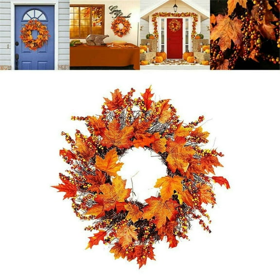 DAMAI 17.7inch Fall Wreaths for Front Door Artificial Maple Leaf Autumn Wreaths with Armhouse Maple Leaf & Berry for Farmhouse Front Door Wall Window Festival Thanksgiving Harvest Decor