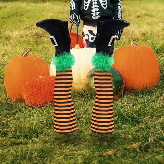 DAMAI 2 Pair Halloween Wicked Witch Legs with Stakes Halloween Decorations,18.5 Inch Upside Down Witch Legs Stripe Yard Stakes,Prosthetic Witch Leg for Spooky Party, Lawn, Garden,Flowerpot Decor