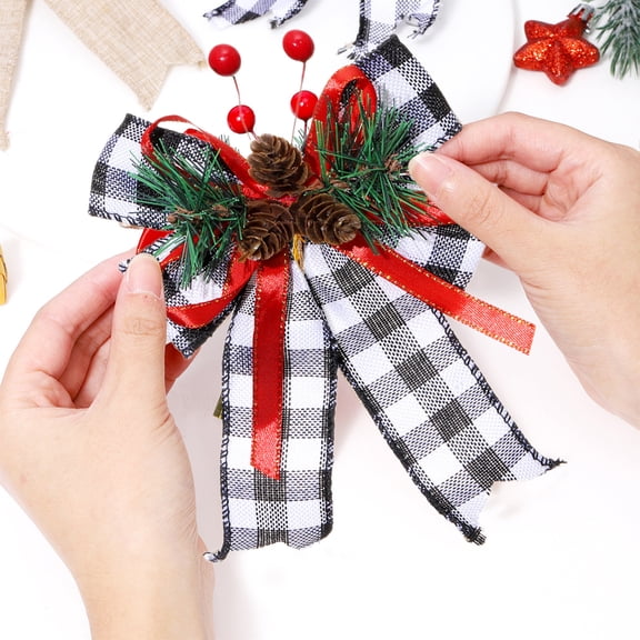 DAMAI 2 Pcs Christmas Bows Buffalo Plaid Bow Wreath Ribbon with Pine Cones Buffalo Check Bow for Home Indoor Outdoor, Ornament Bow for Crafts, Wedding and Party Decor